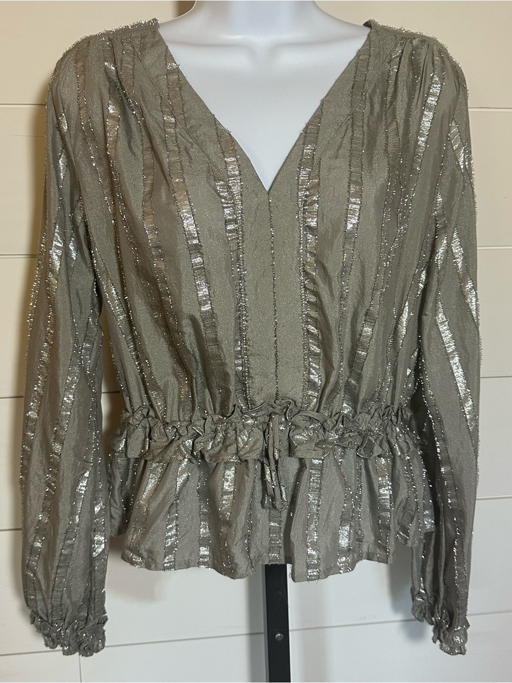 Metallic Taupe V-Neck Peplum Blouse